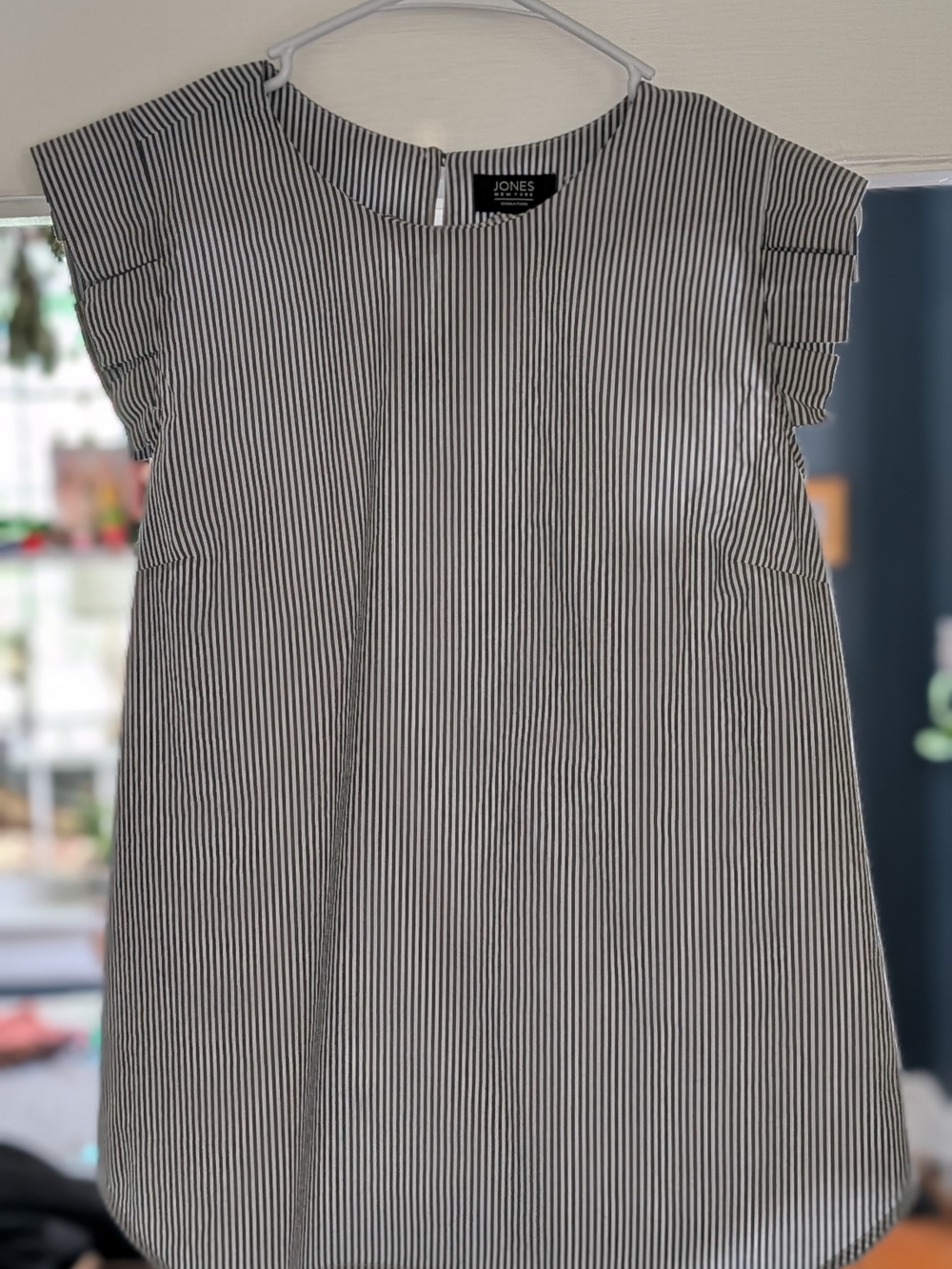Jones New York Black and White Striped Flutter-Sleeve Dress